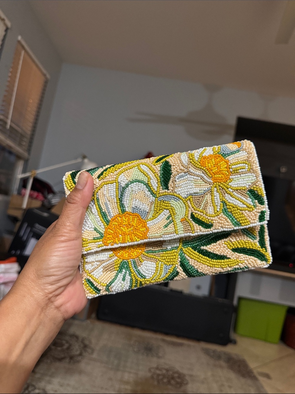 Hand-Beaded Floral Clutch in Yellow and Green